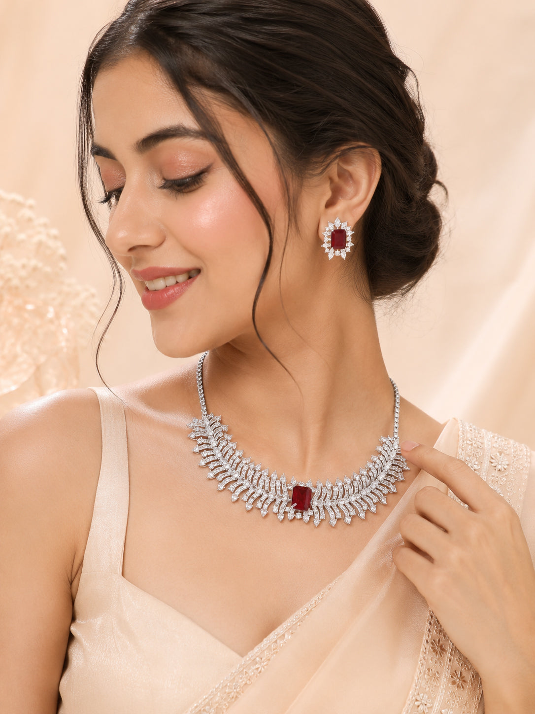 Aanura Ruby Emerald-Cut Necklace Set in Stainless Steel