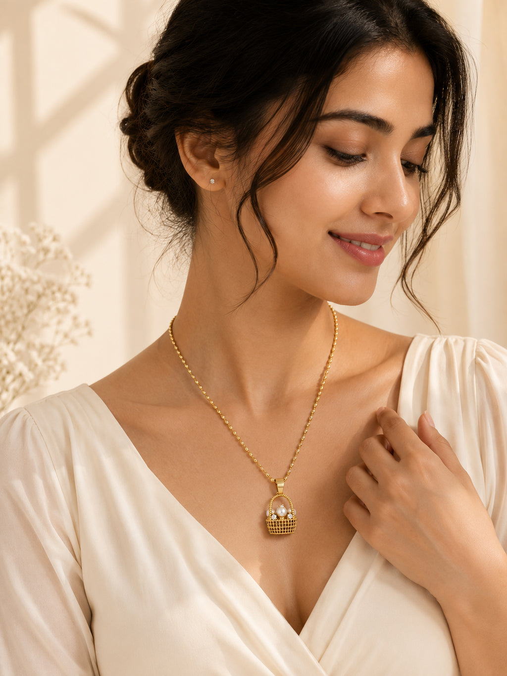 Oval-Link Pearl Basket Charm Necklace in 18K Gold Plating