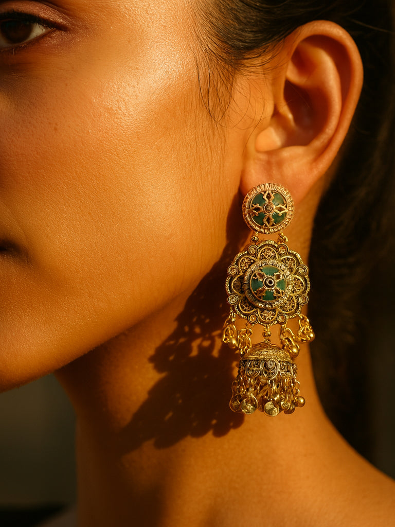 Aanura Green Enamel Antique Floral Earrings