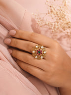 Aanura Gold-Plated Floral Kundan Green Ruby Ring