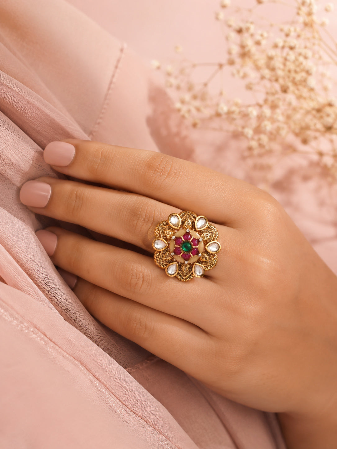 Aanura Gold-Plated Floral Kundan Green Ruby Ring