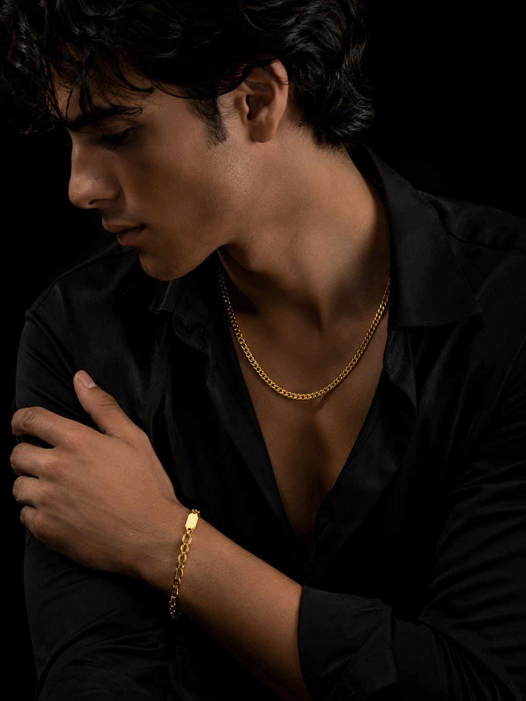 Gold Curb Chain & Geometric Link Bracelet Combo for Men
