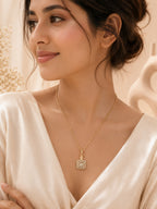 Square Halo Crystal Pendant Necklace with 18K Gold Plating