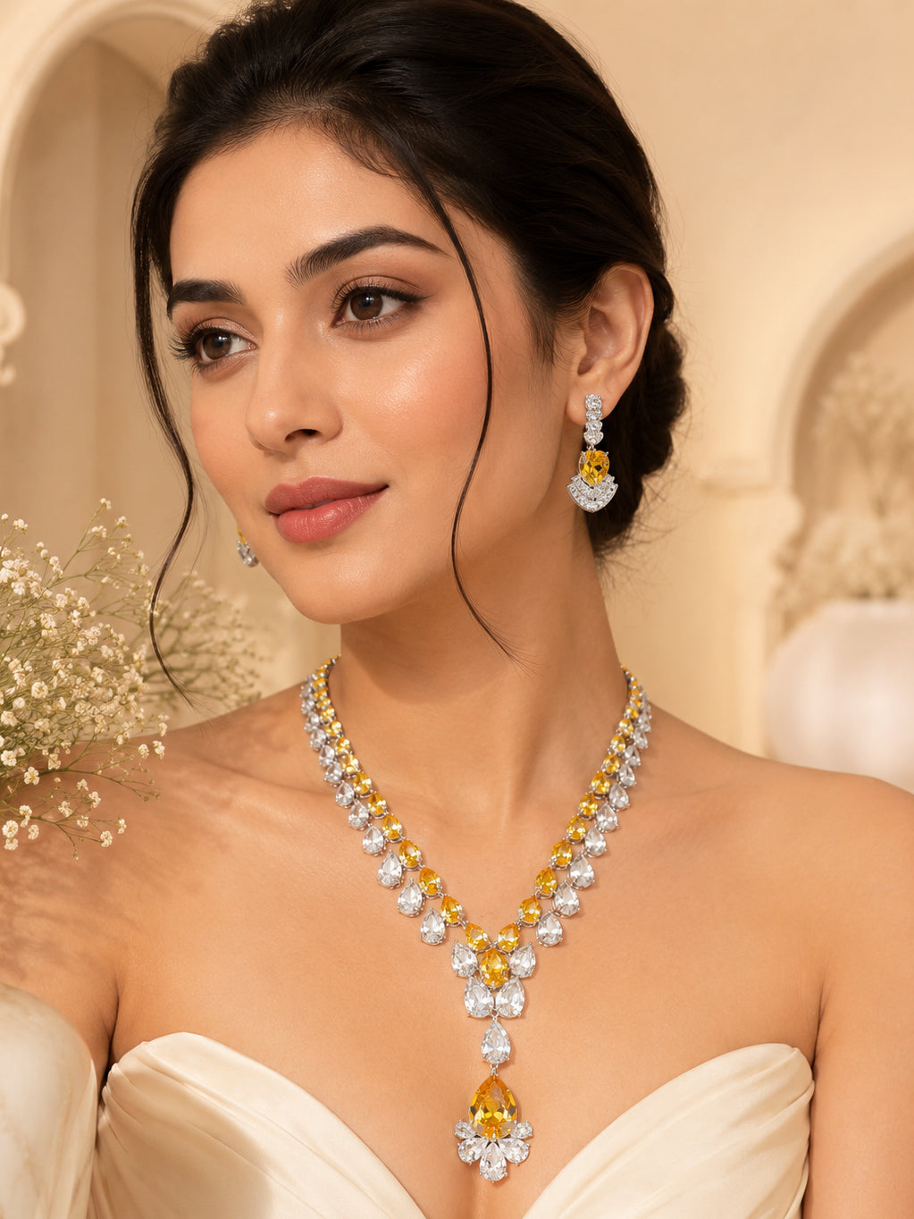 Aanura Majestic Yellow & White Drop Necklace Set