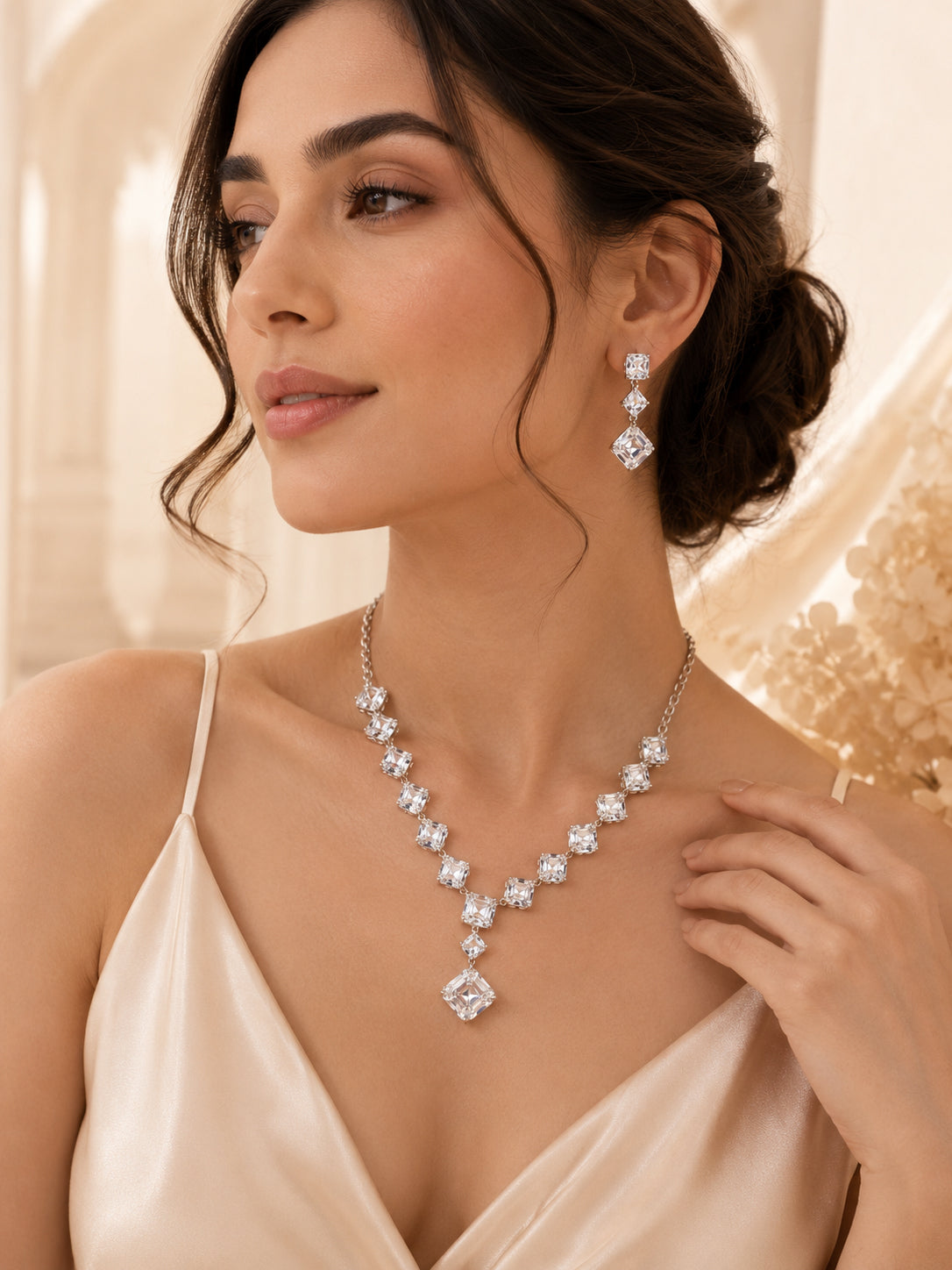 Aanura Square Crystal Necklace Set in Stainless Steel
