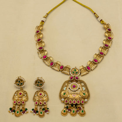 Aanura Royal Kundan Temple Pendant Choker Necklace Set