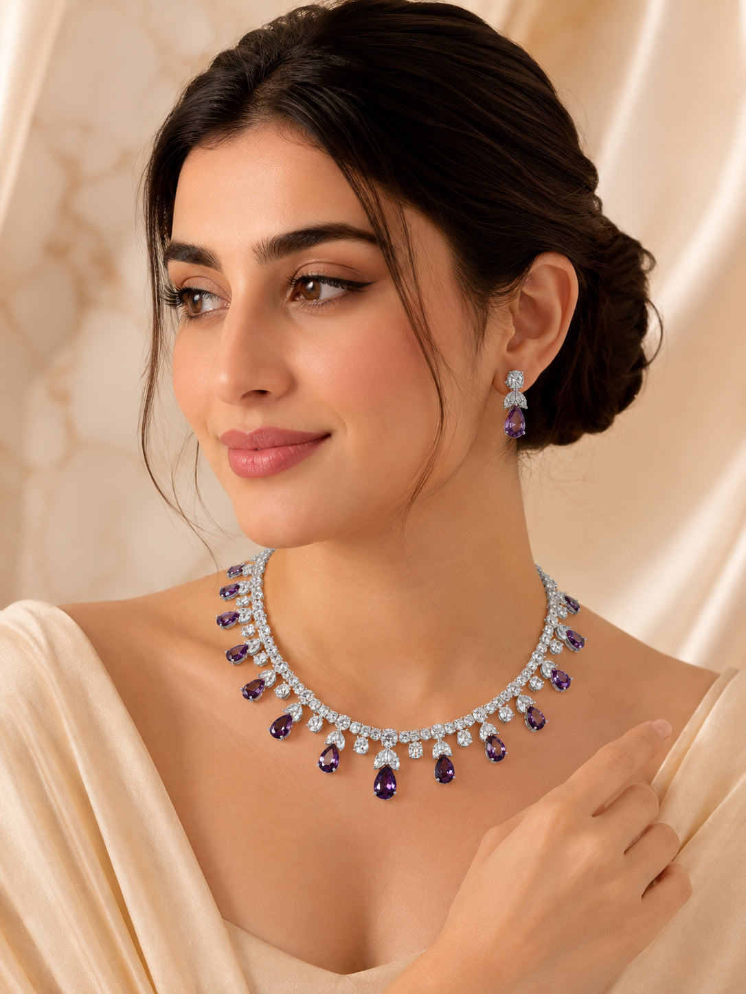 Aanura Purple Teardrop Crystal Necklace Set with Earrings