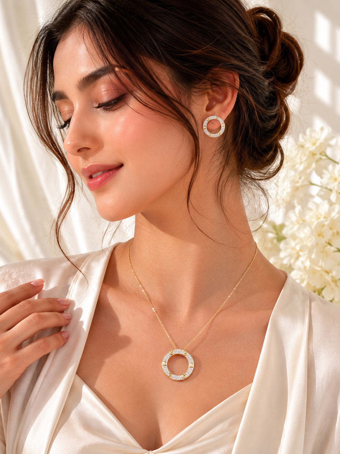 Golden Crystal Circle Necklace & Earrings Set