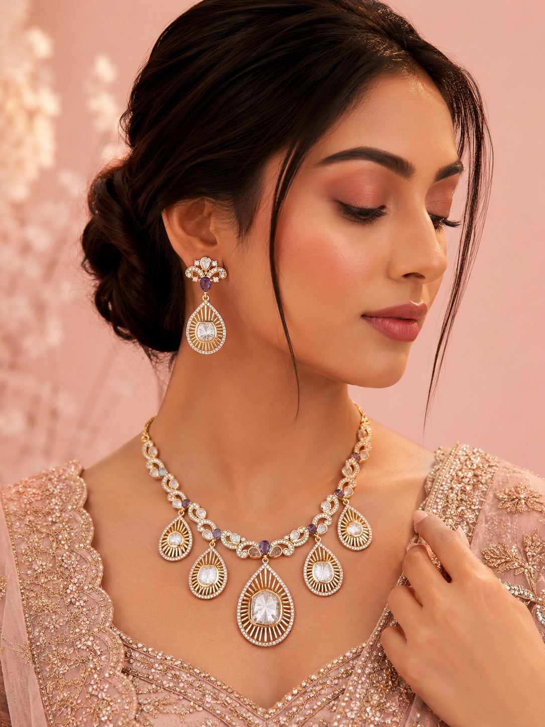 Aanura Pear Drop Necklace & Earrings with Stones