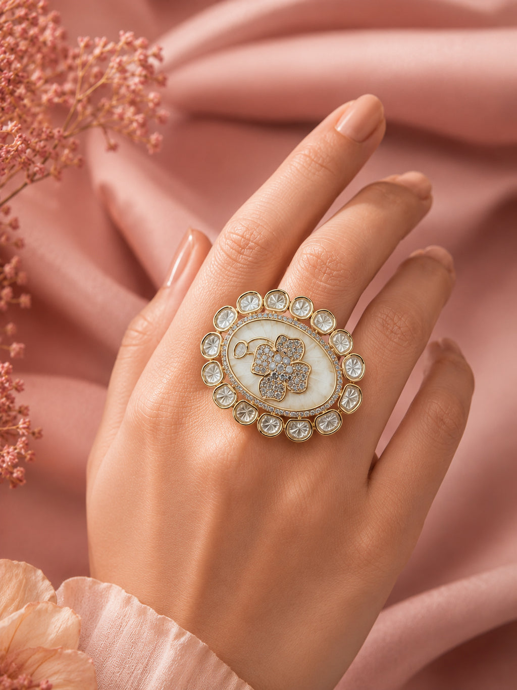 Aanura Gold-Plated Floral Oval Ring with Stones