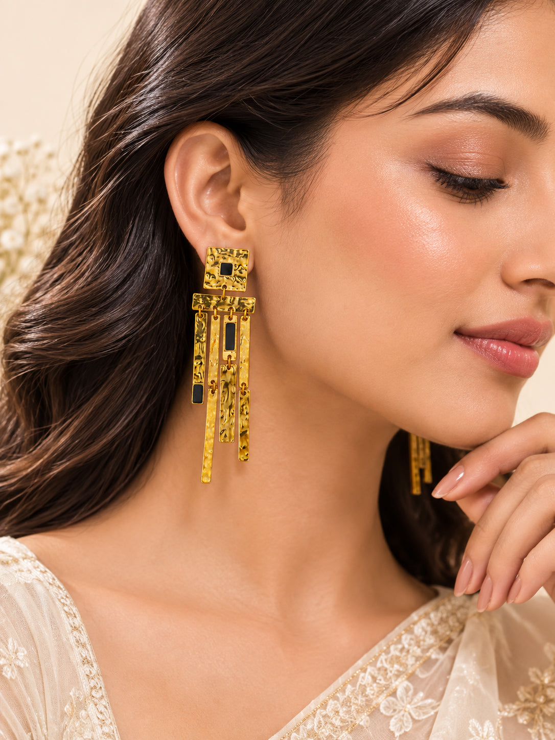Aanura Hammered Gold Black Stone Dangle Earrings