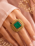Aanura Gold-Plated Square Green Stone Statement Ring