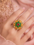 Aanura Gold-Plated Round Ruby & Green Floral Ring
