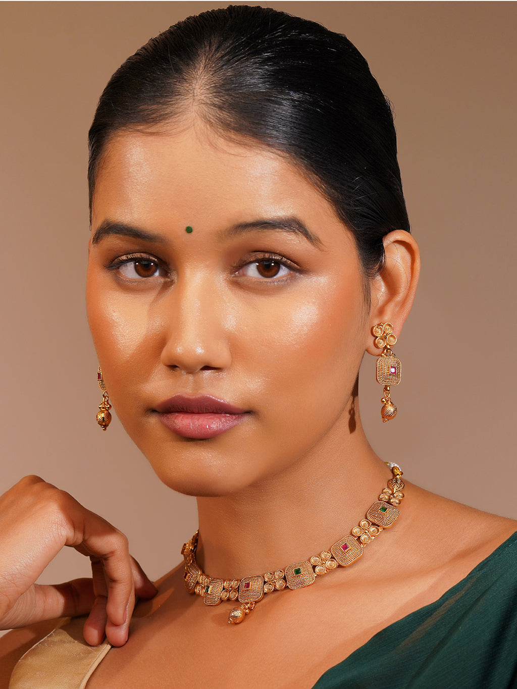 Aanura Gold Plated Ruby Grid Necklace Set
