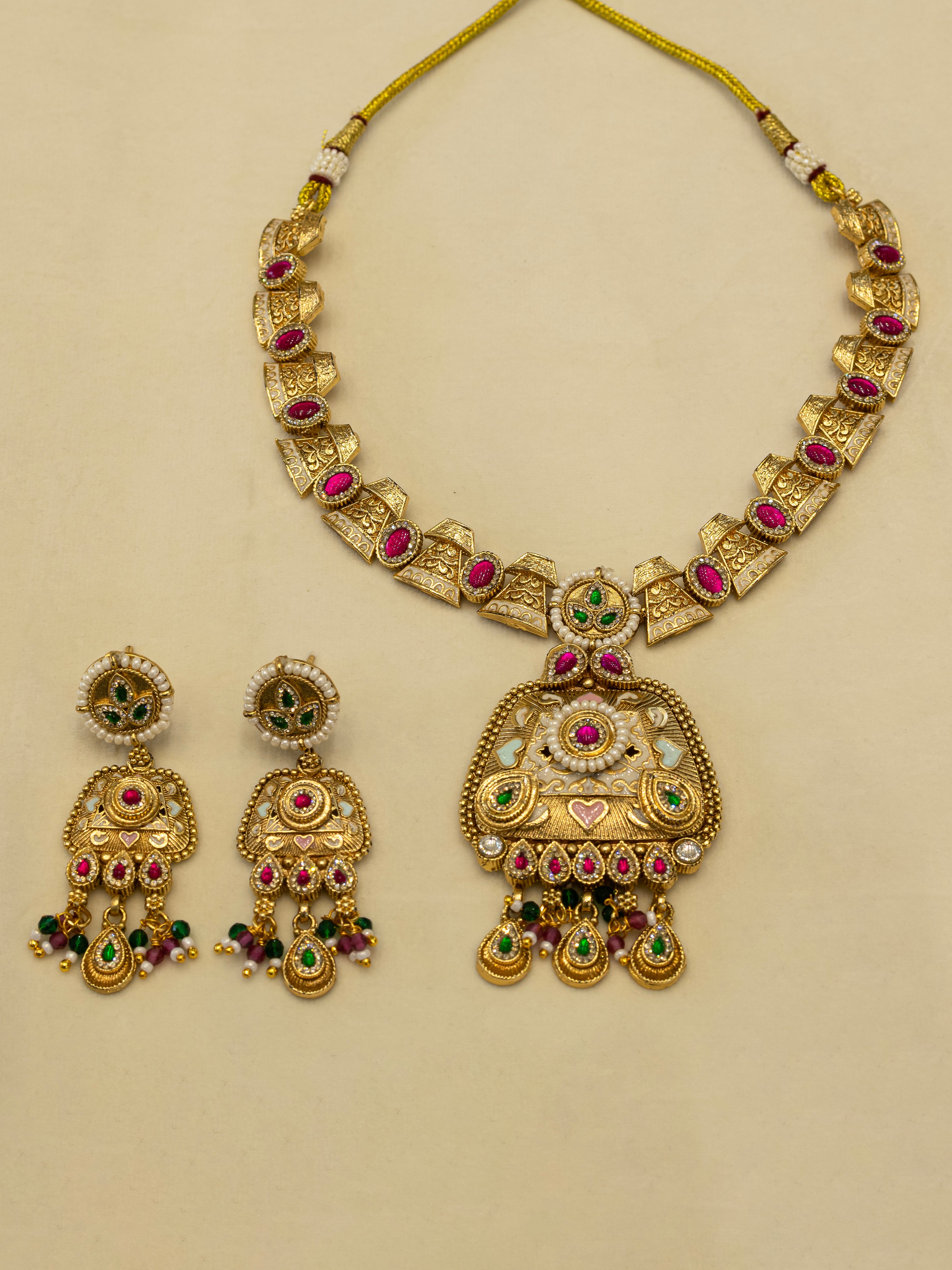 Aanura Royal Kundan Temple Pendant Choker Necklace Set