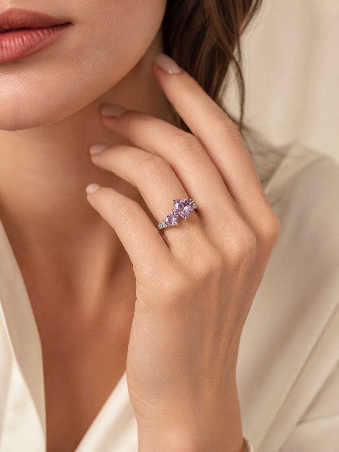 Rhodium Plated Pink Twin Heart Crystal Ring