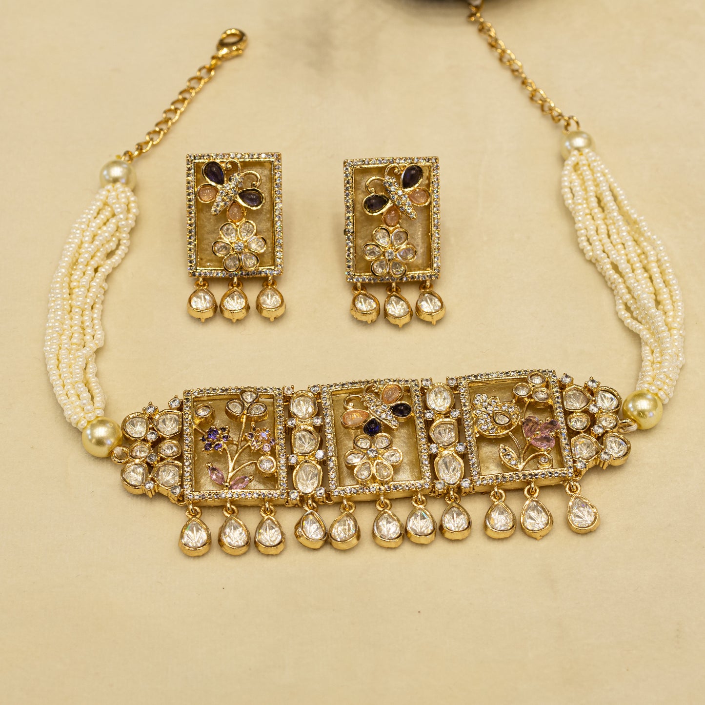 Aanura Floral Panel Choker Necklace Set