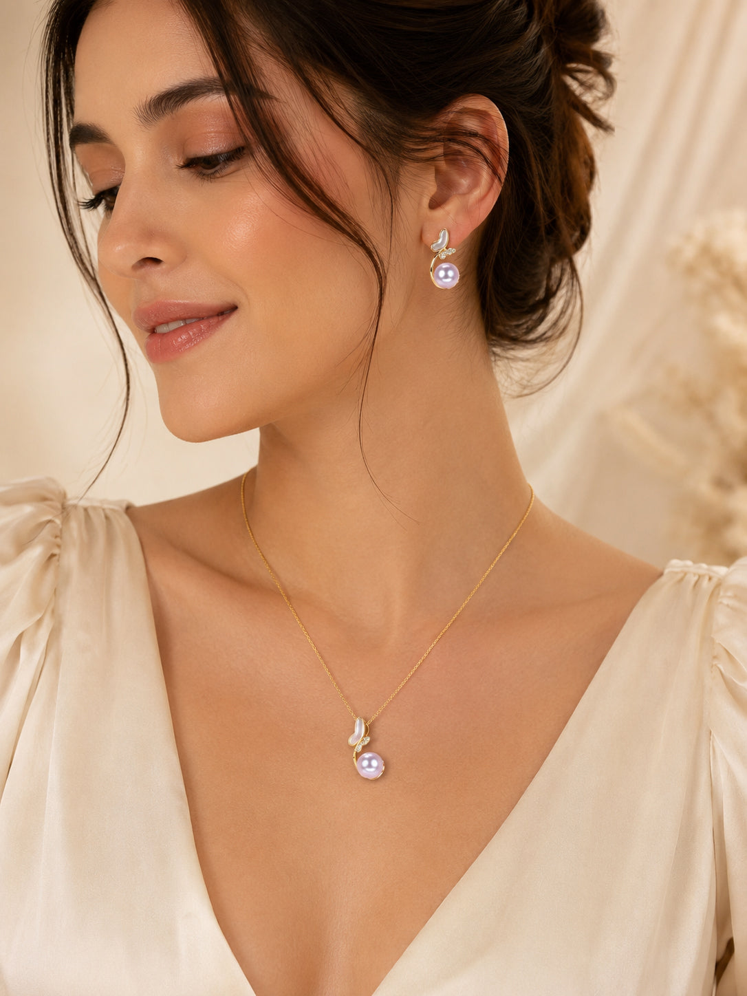 Aanura Pink Pearl Leaf Necklace & Earrings Set