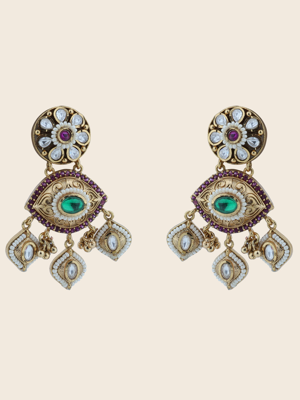 Aanura Gold-Plated Green Ruby Floral Drop Earrings