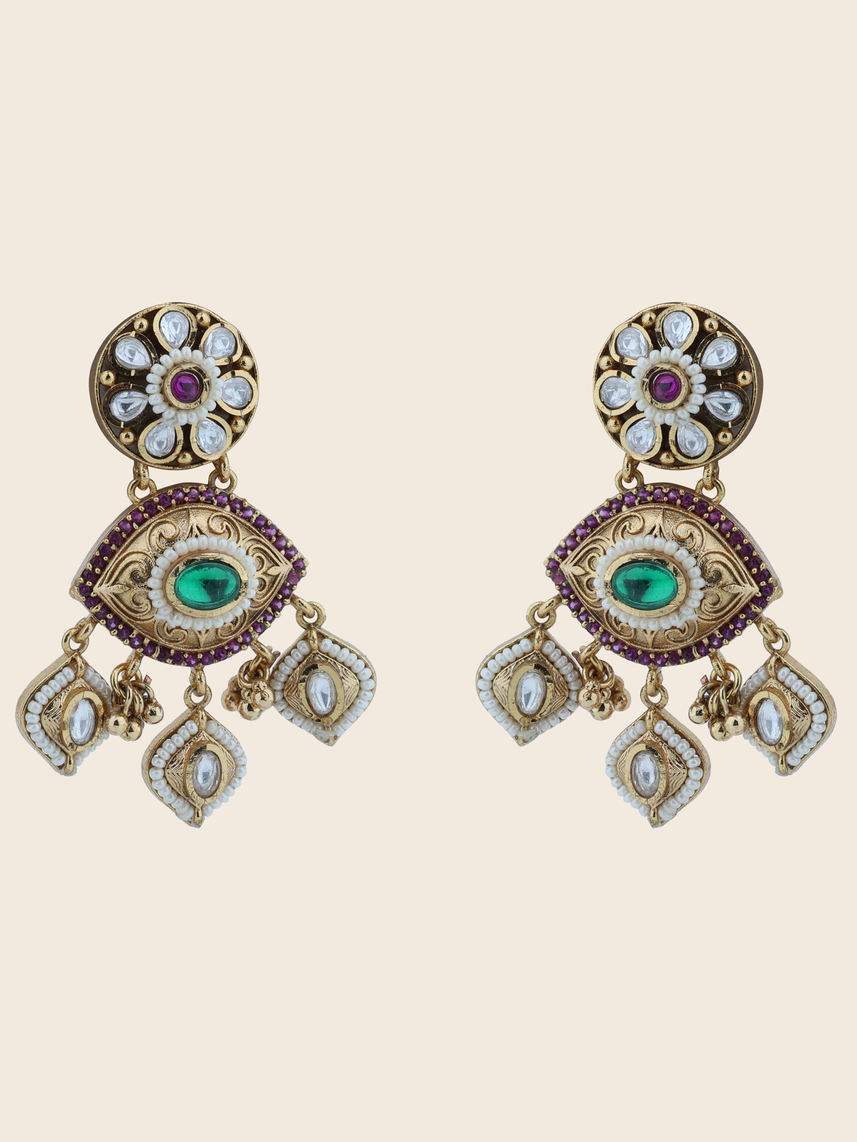 Aanura Gold-Plated Green Ruby Floral Drop Earrings