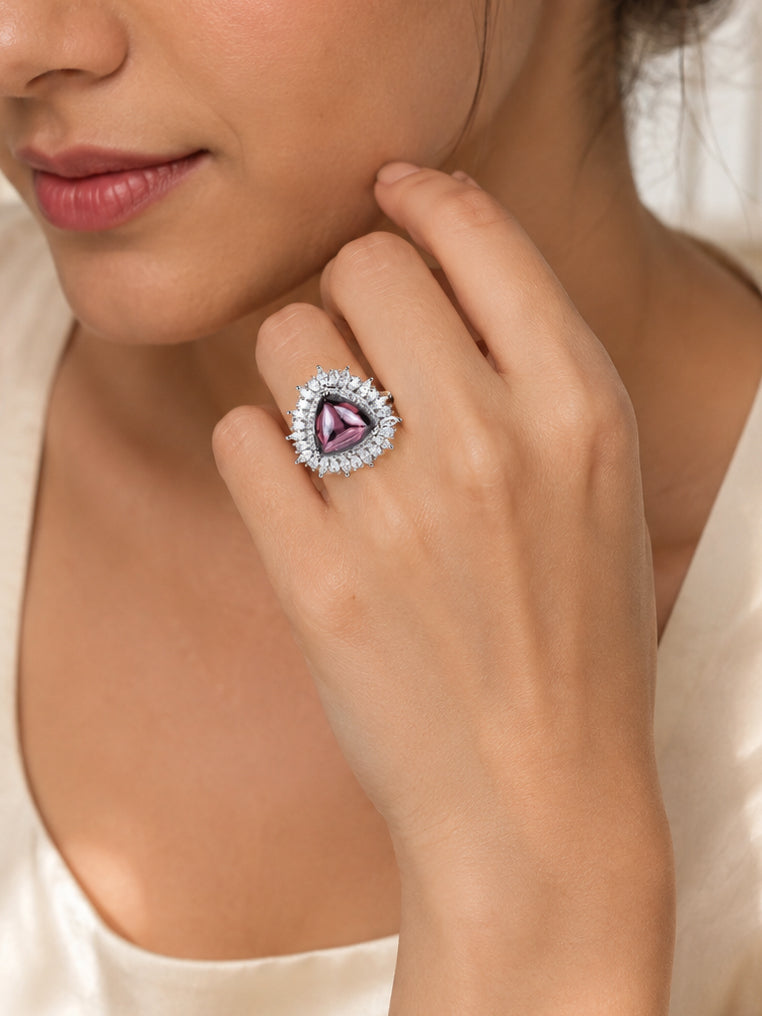 Rhodium Plated Red Oval Halo Anti-Tarnish Waterproof Ring
