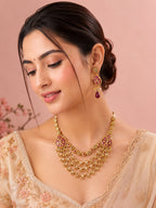 Aanura Layered Gold Necklace Set with Pearl Drop Earrings