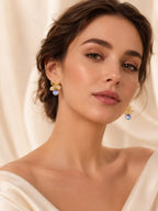 Floral Blue Crystal Drop Stud Earrings in 18K Gold Plating