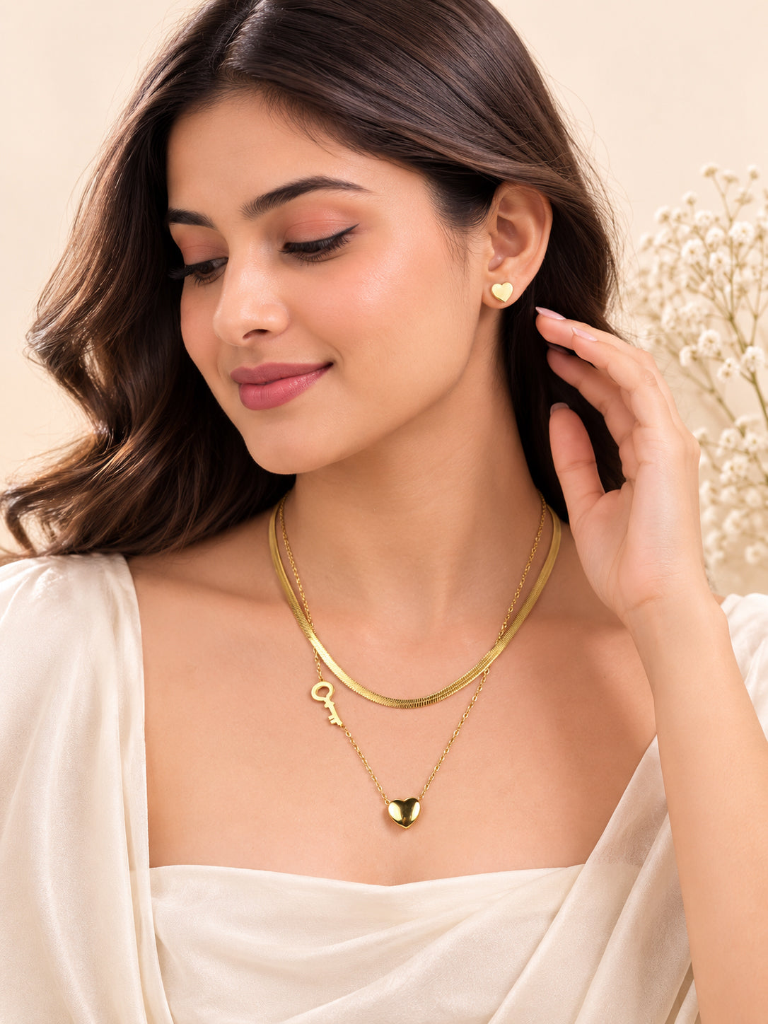 Aanura Golden Heart & Key Necklace & Earrings Set