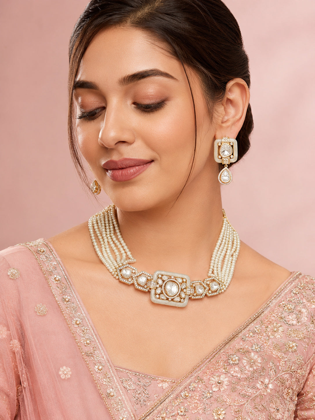 Aanura Statement Choker Necklace with Square Motif & Earrings
