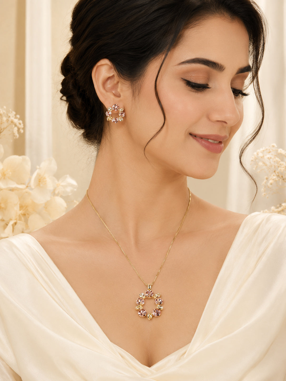 Golden Floral Wreath Necklace & Earrings Set