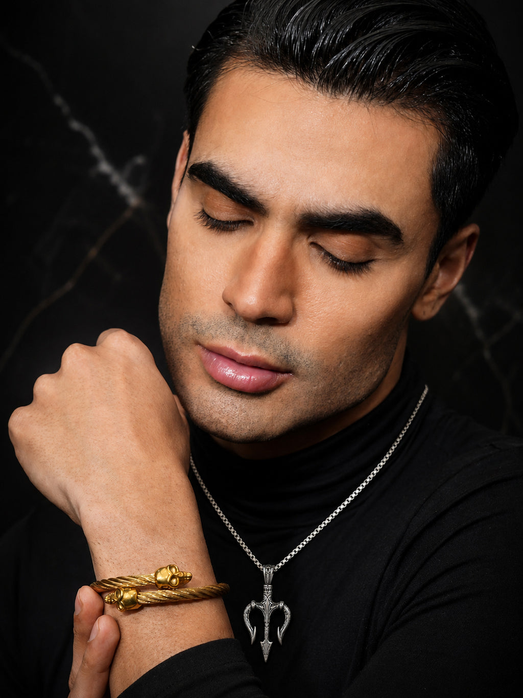 Gold Plated Skull Bracelet & Rhodium Plated Trident Pendant Combo