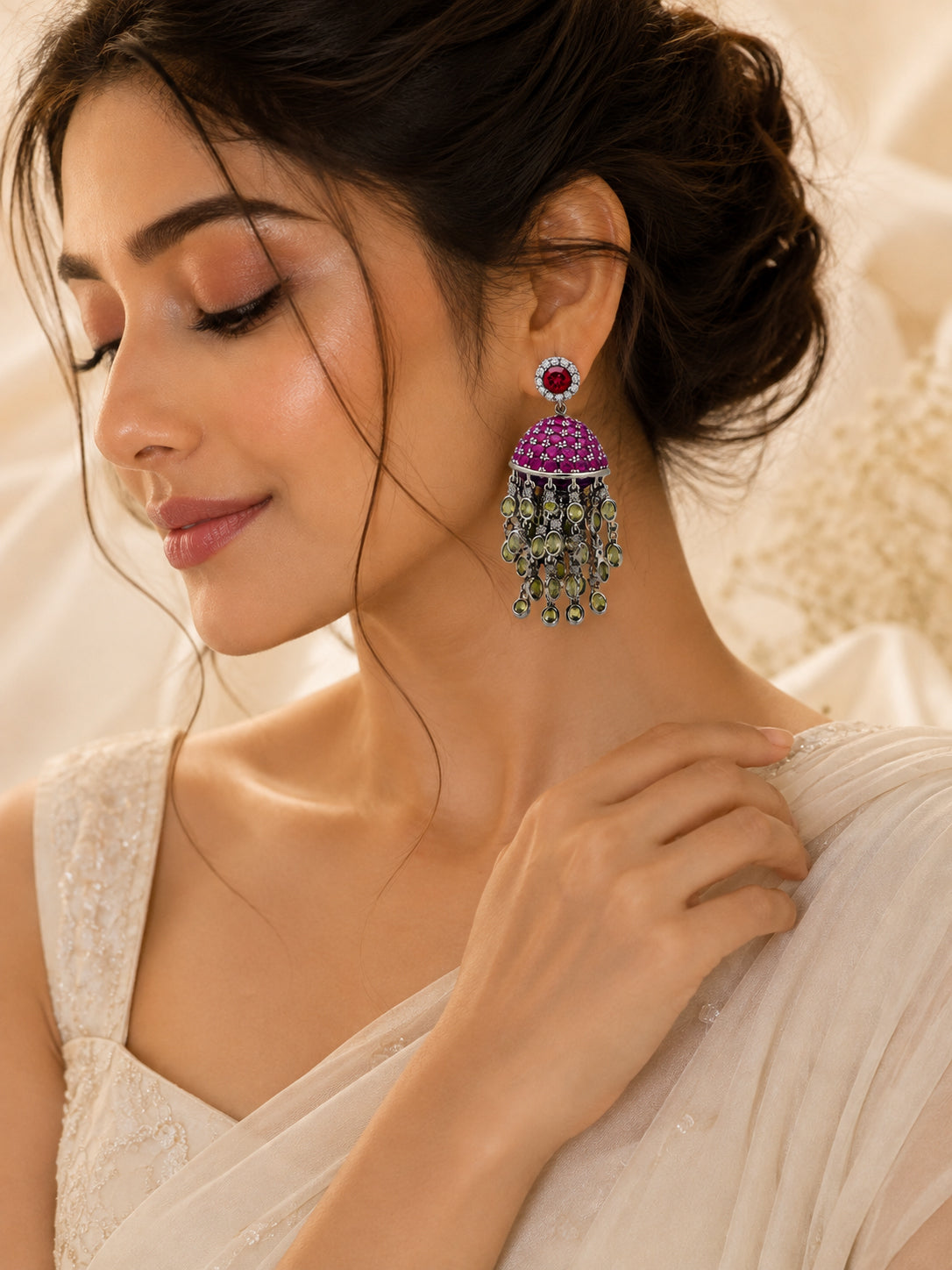 Aanura Red Dome Tassel Jhumka-Style Earrings