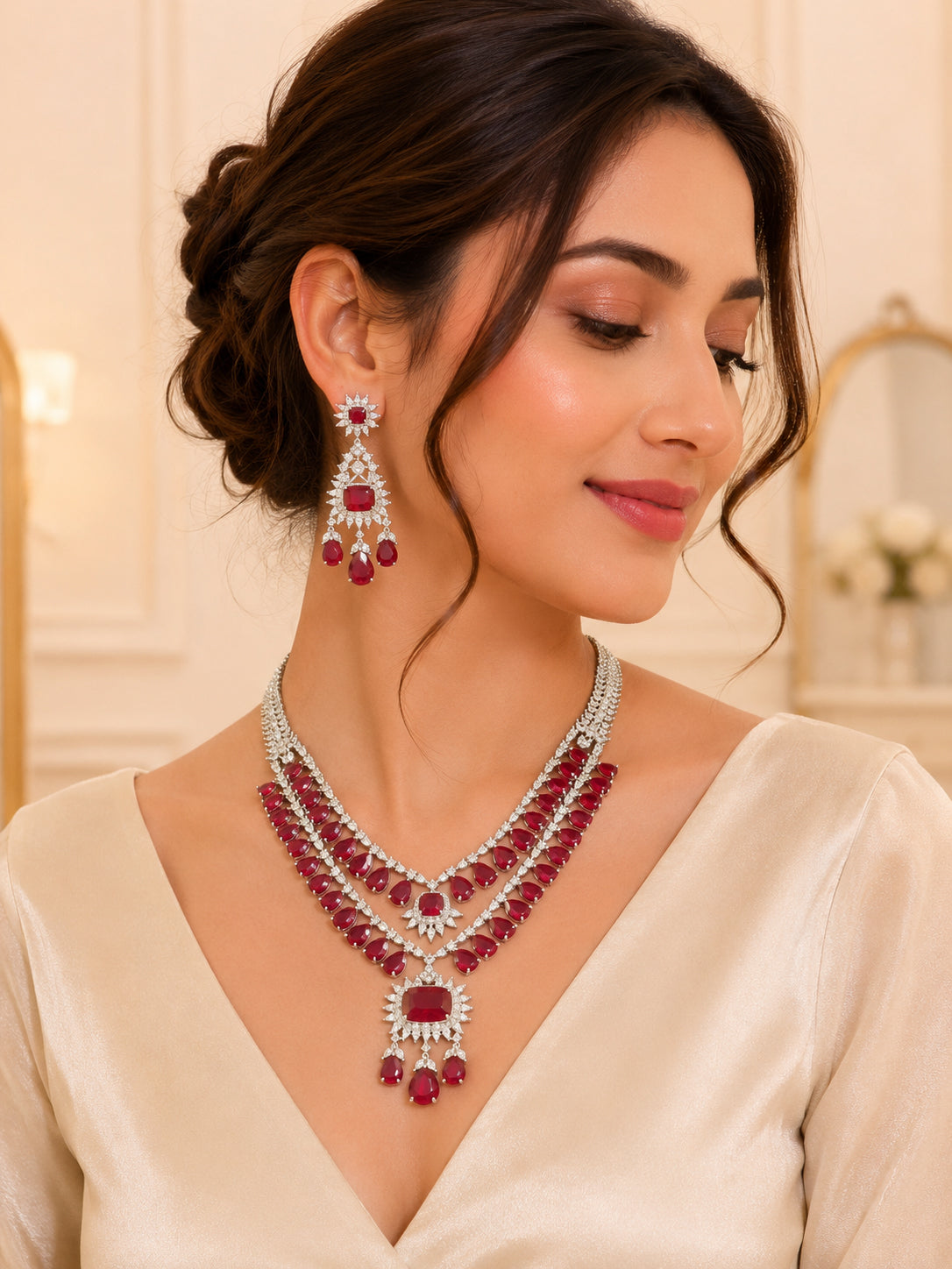 Aanura Ruby Red Bridal Necklace Set in Stainless Steel
