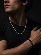 Rhodium Plated Herringbone Chain & Black Woven Bracelet Combo