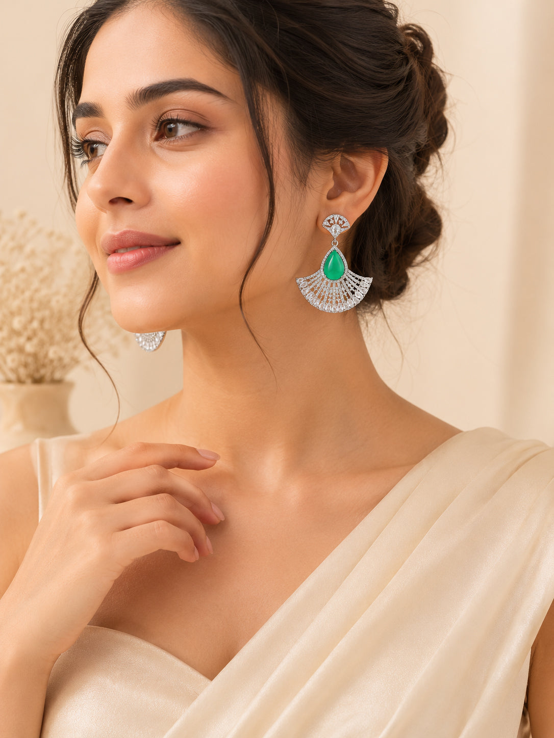 Aanura Silver Green Teardrop Fan Statement Earrings