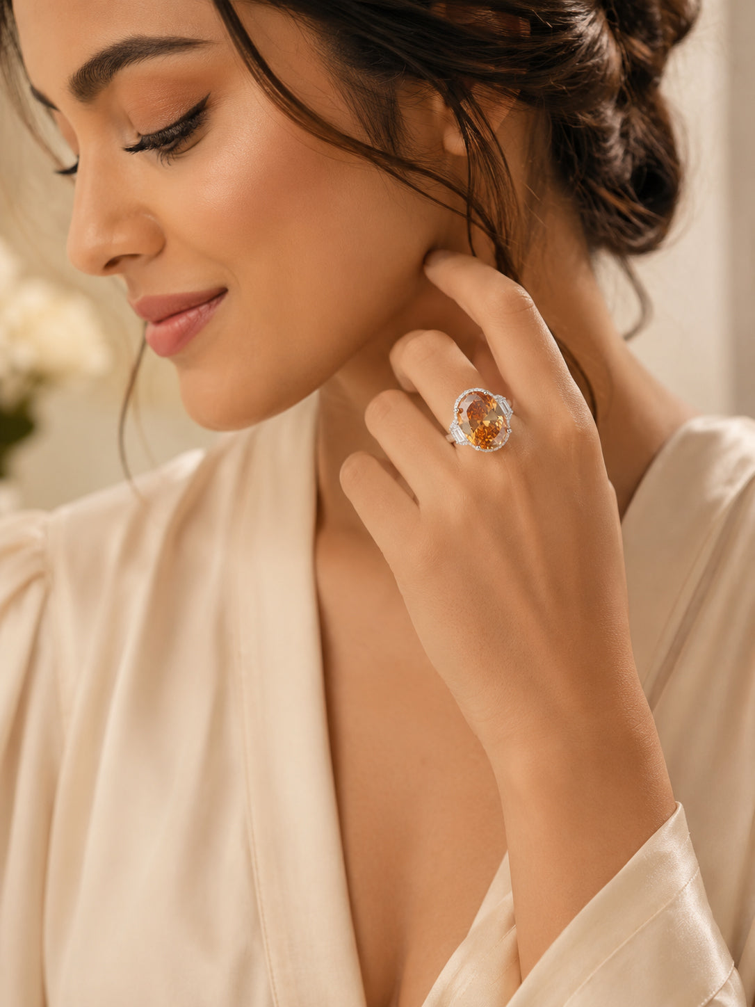 Rhodium Plated Vintage Yellow Gem Anti-Tarnish Waterproof Ring