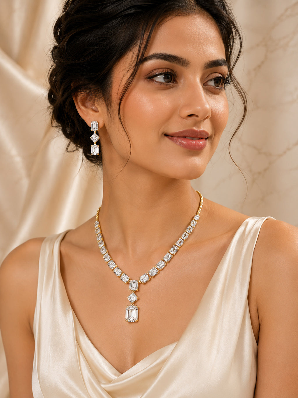 Aanura Emerald-Cut Diamond Necklace Set with Earrings