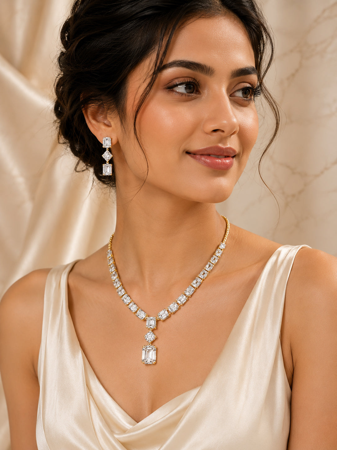 Aanura Emerald-Cut Diamond Necklace Set with Earrings
