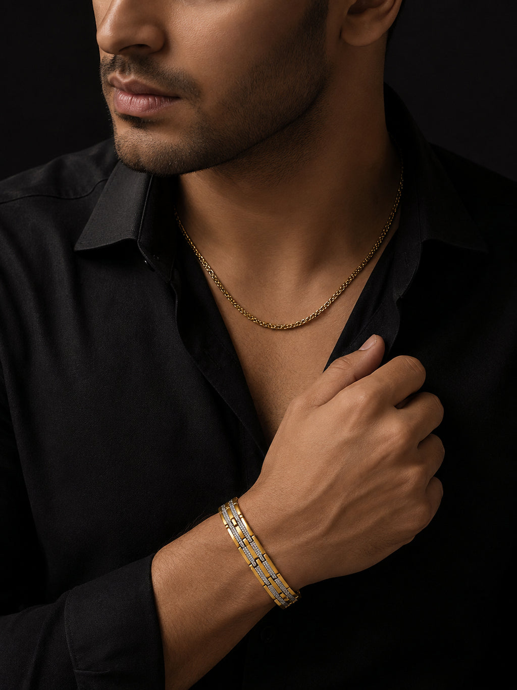 18K Gold Plated Rope Chain & Dual-Tone Bracelet Combo for Men