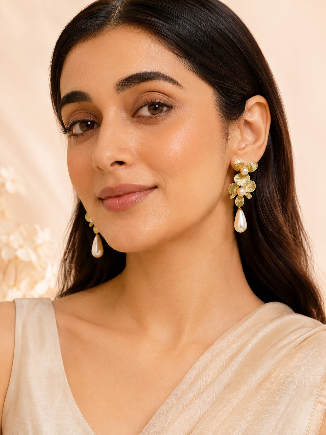 Aanura Floral Pearl Drop Gold Statement Earrings