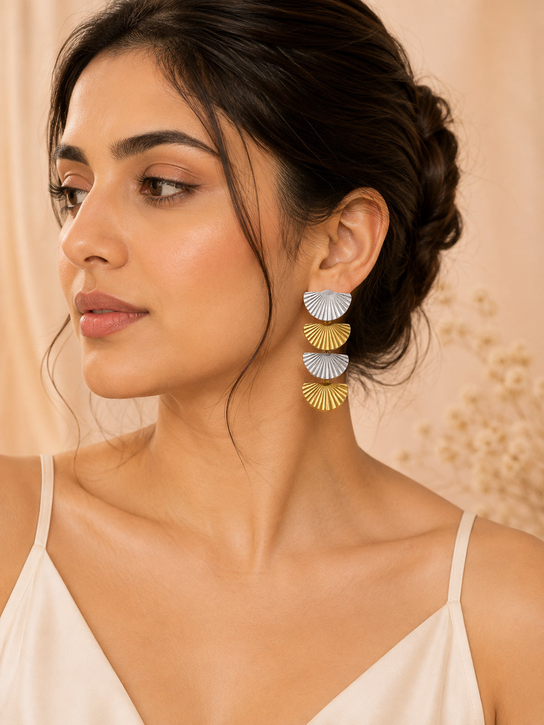 Aanura Solaris Fan Cascade Earrings – Dual-Tone Stainless Steel