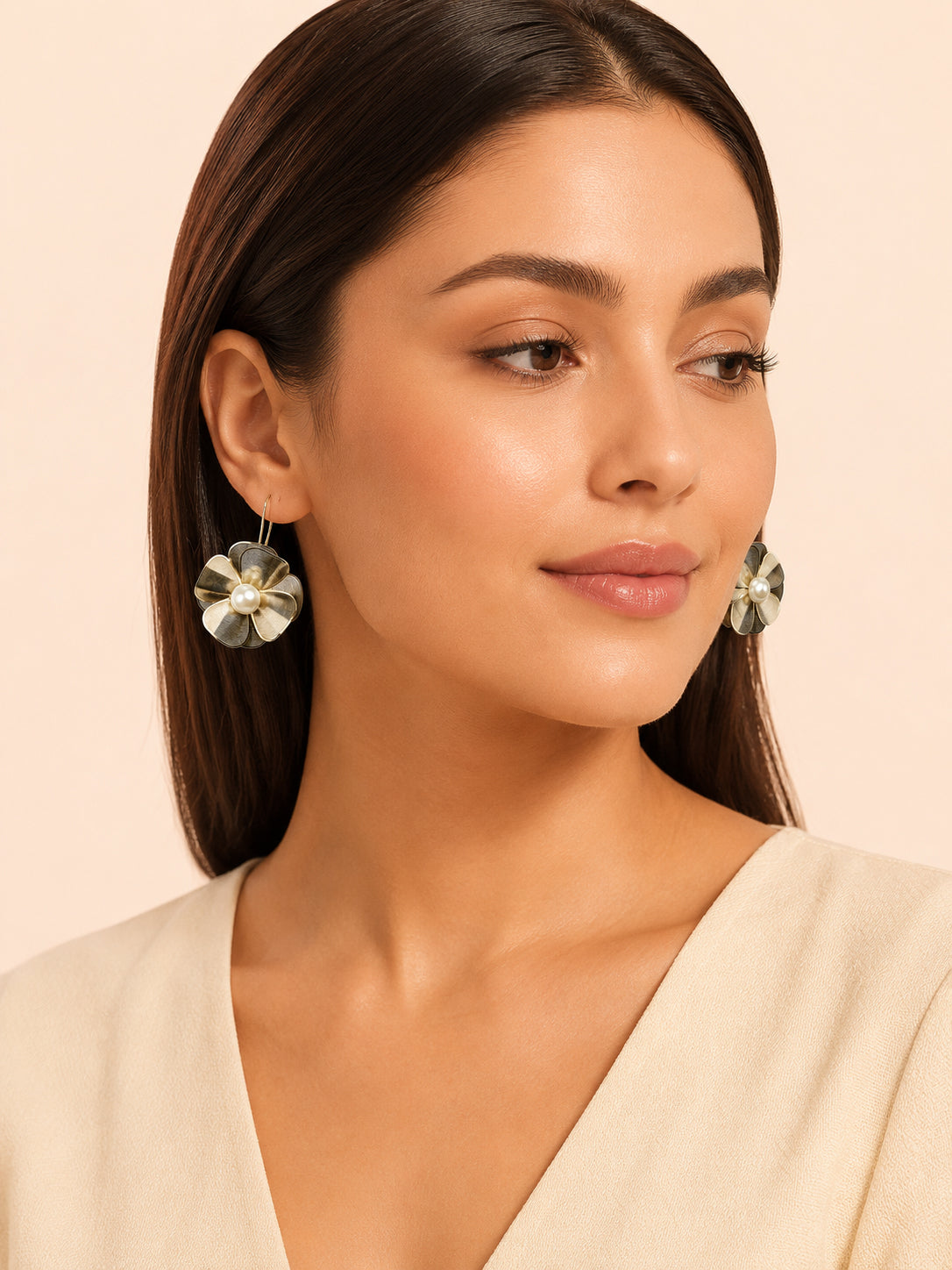 Aanura Floral Pearl Gold Statement Earrings