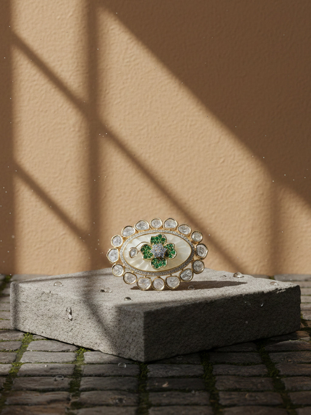 Aanura Gold-Plated Floral Oval Ring with Stones