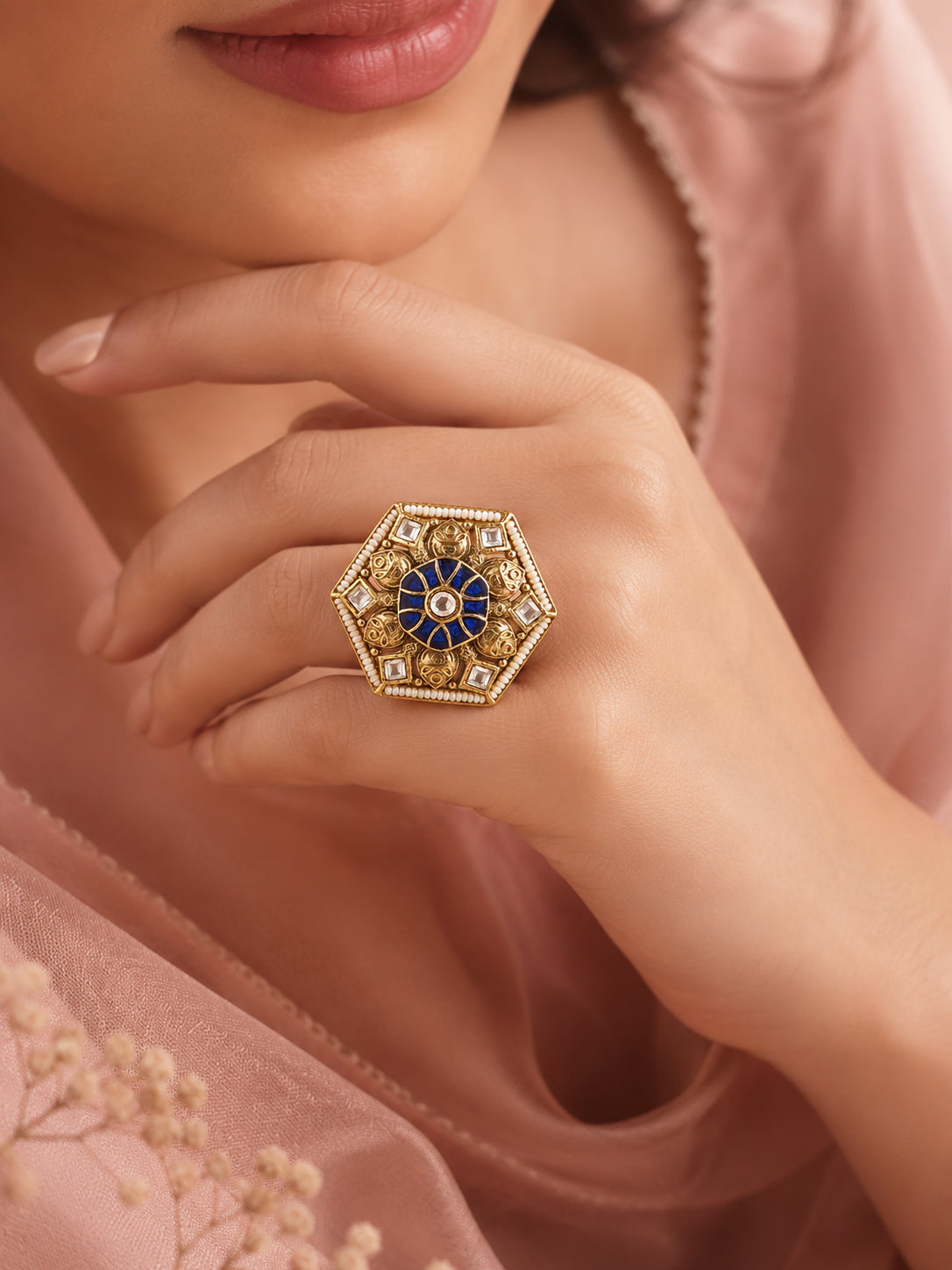 Aanura Gold-Plated Hexagon Green & Ruby Statement Ring