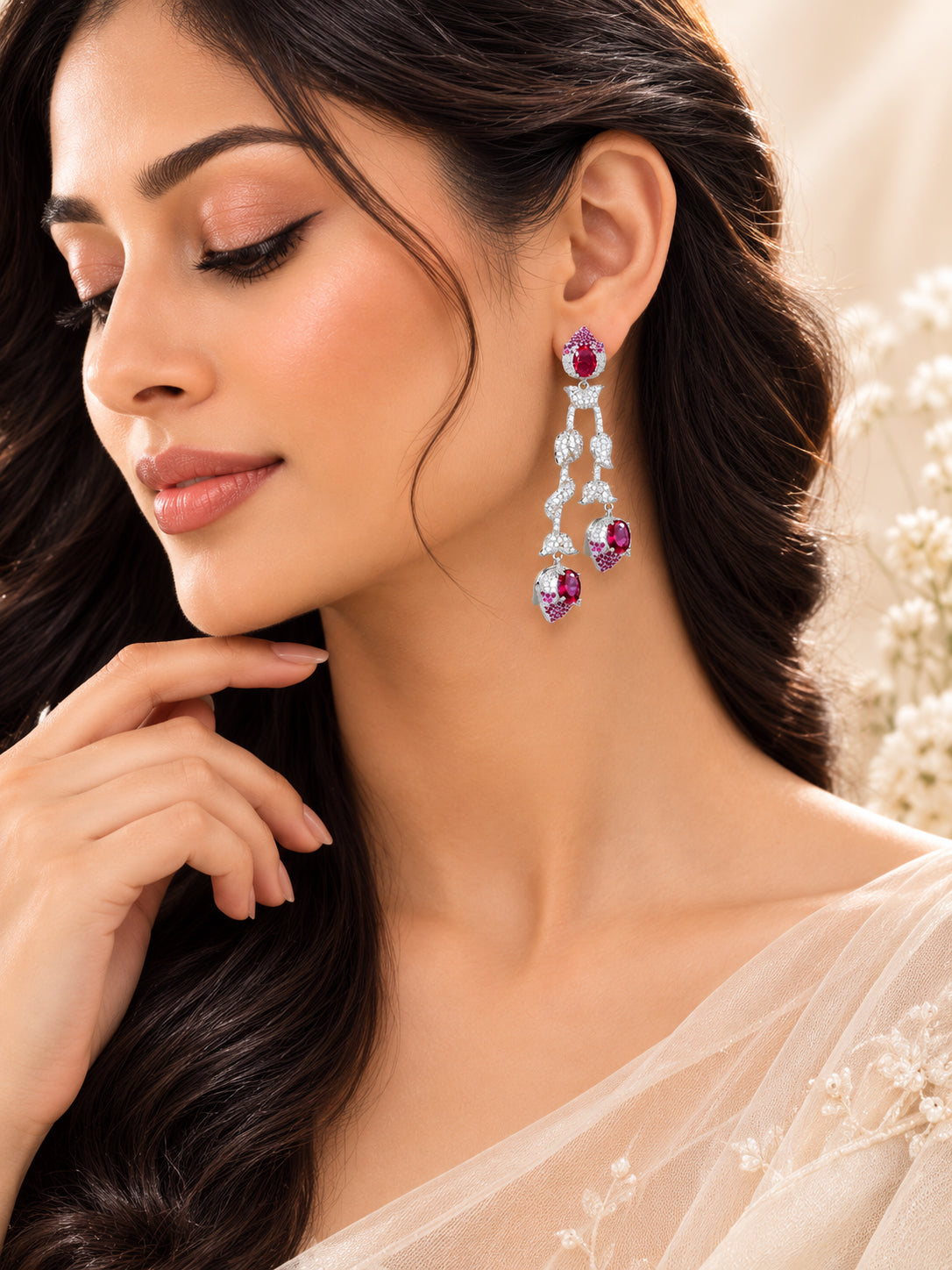 Aanura Silver Ruby Dangle Statement Earrings