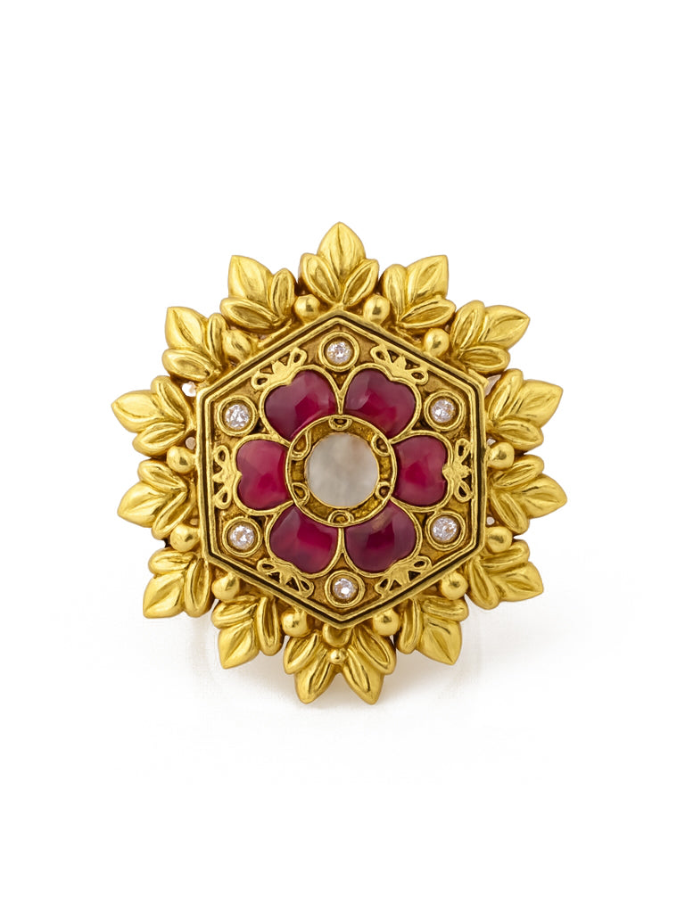 Aanura Gold-Plated Hexagon Green Floral Ring