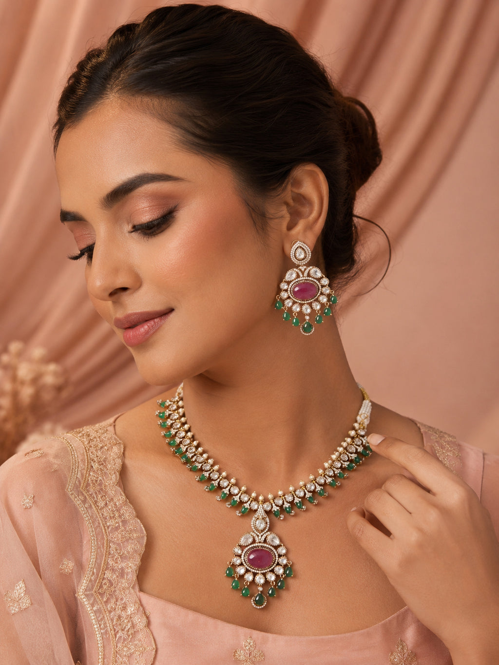 Aanura Royal Green Kundan Bridal Necklace with Earrings