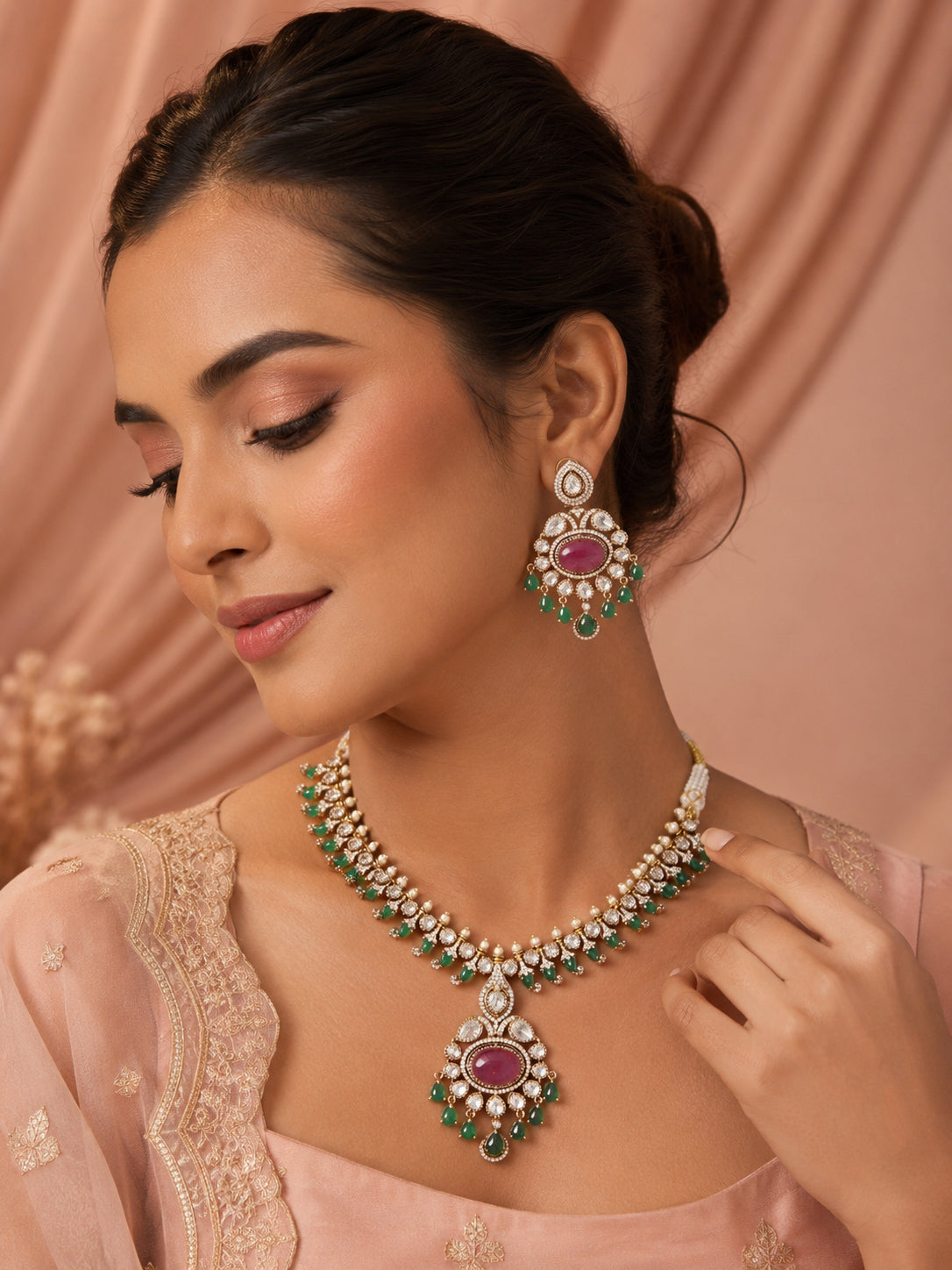 Aanura Royal Green Kundan Bridal Necklace with Earrings