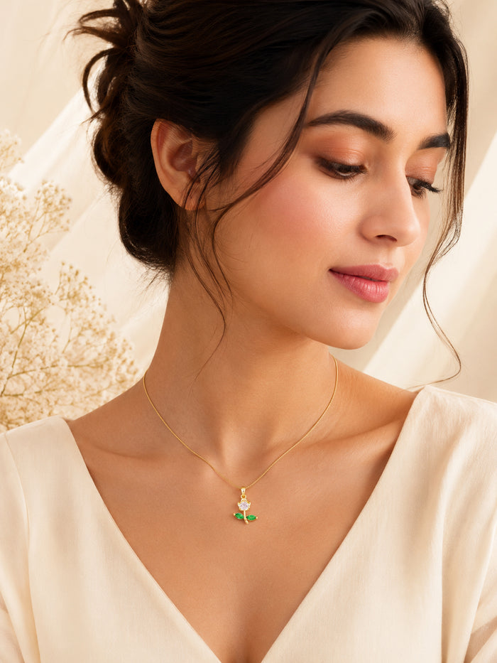 18K Gold Plated Pink Crystal Leaf Pendant Necklace for Women