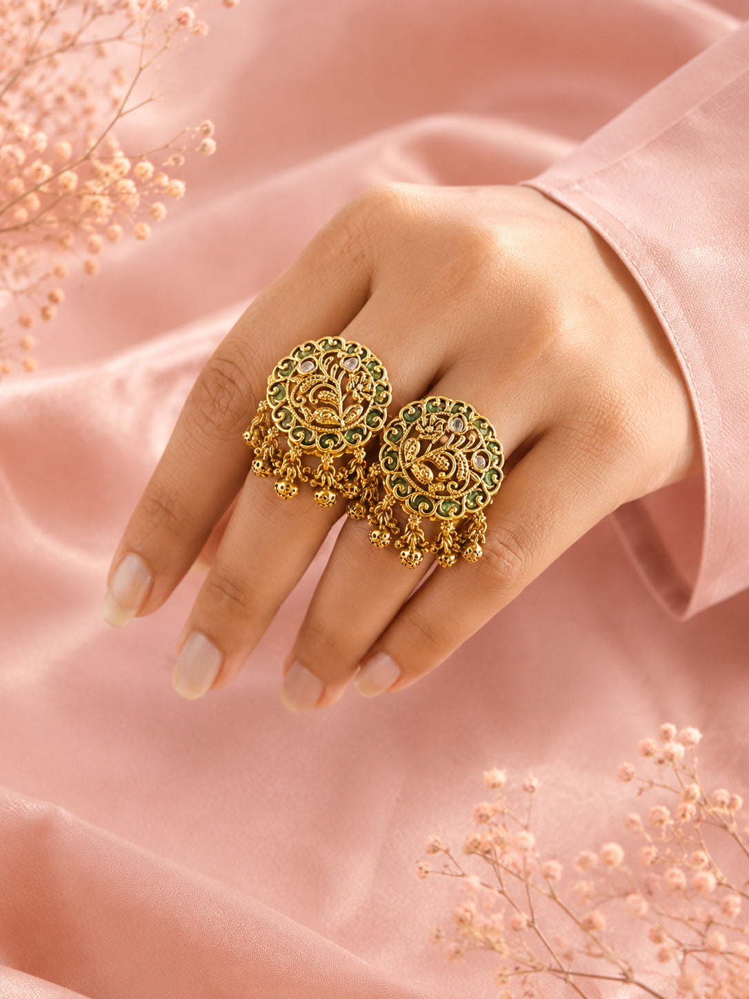 Aanura Gold-Plated Green Enamel Floral Rings